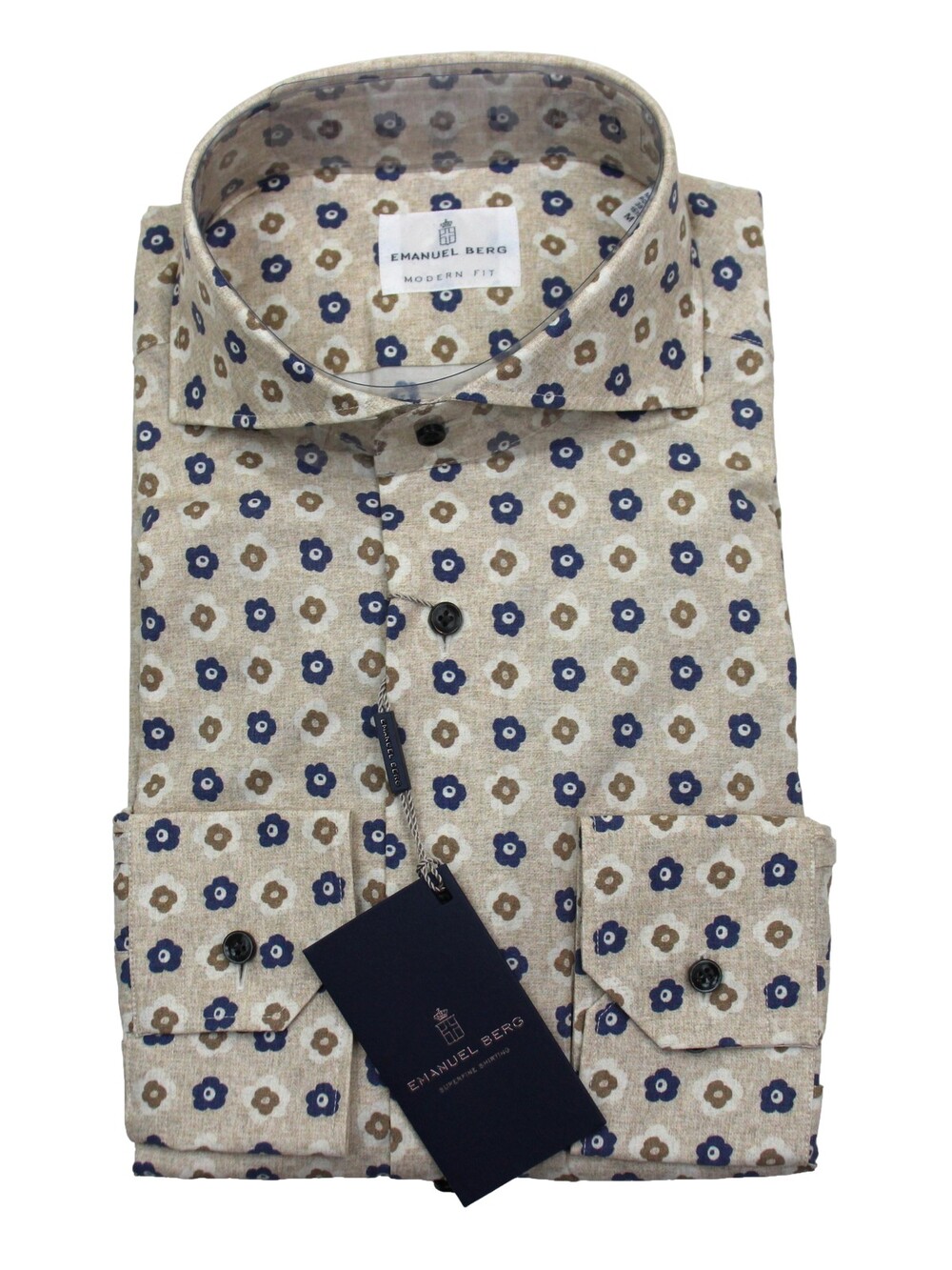 Emanuel Berg Shirt Mens 15.5 39 M Beige Blue Floral Modern Fit Harvard NWT